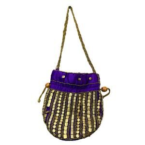 Zardosi Potli Bag, Hand Beaded Floral Charms, Purple Boho Pouch